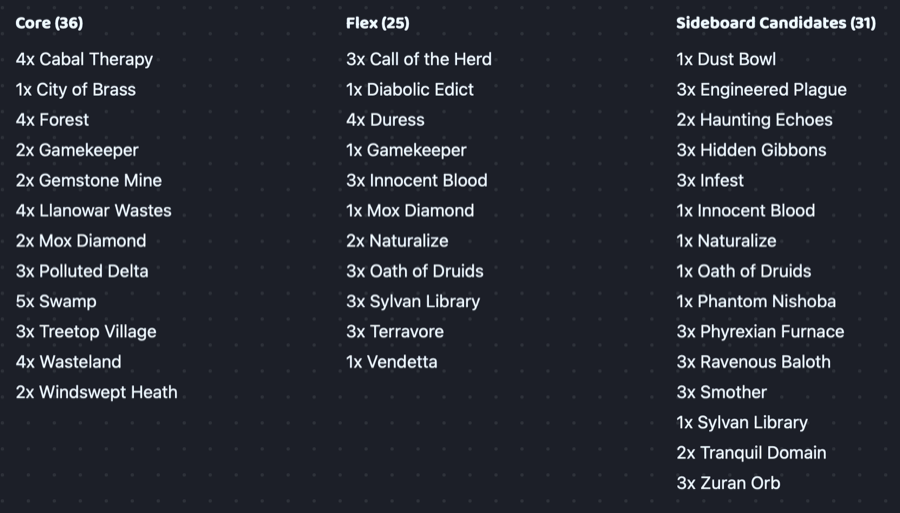 Core, flex, and sideboard candidate card lists